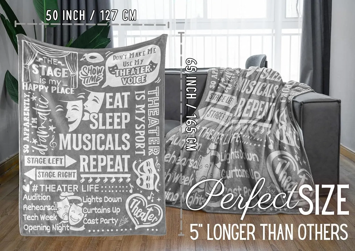Theater Gifts Blanket for Girls, Women - 50" x 65" Throw Blanket - Birthday Gifts for Broadway Theater Lovers - Grey