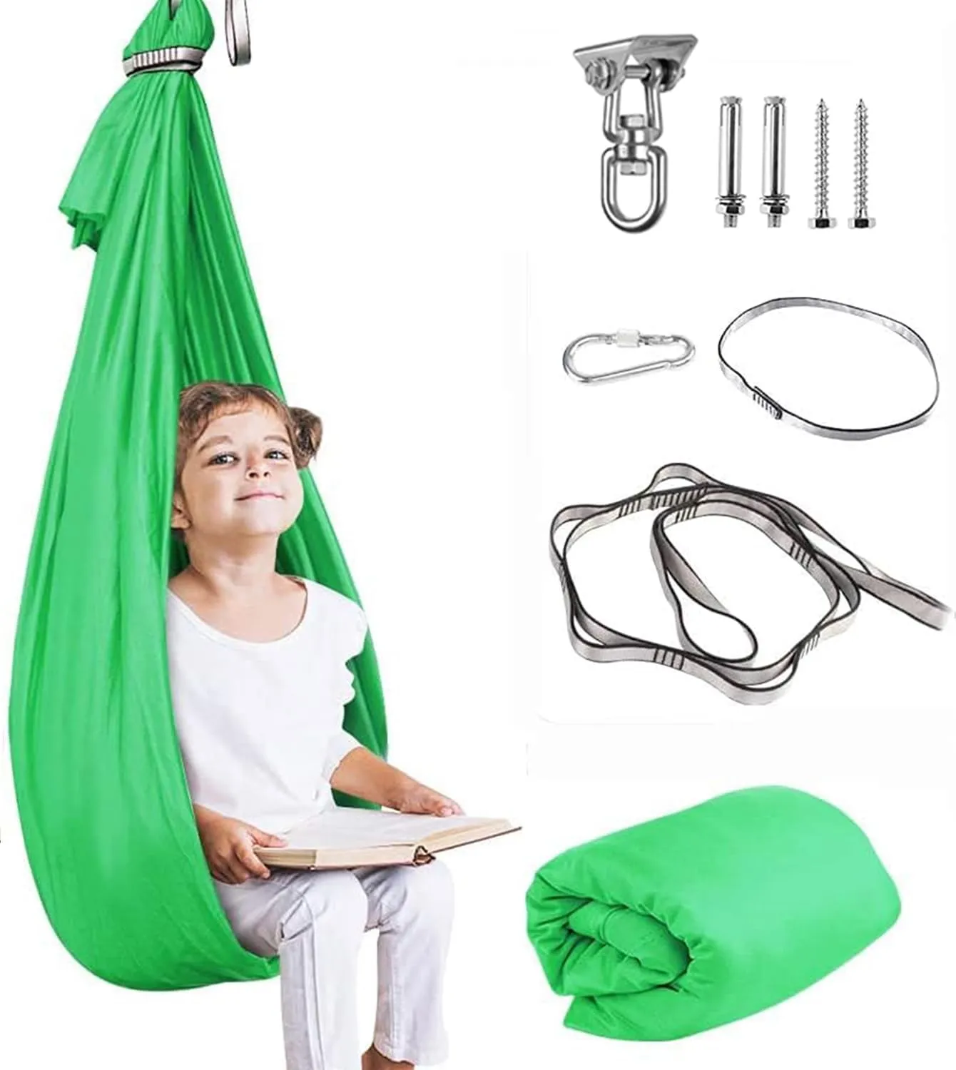 Therapy Swing for Kids with Special Needs (Hardware Included) Sensory Swing Snuggle Swing Indoor Adjustable Aerial Yoga for Children with Autism, ADHD, Aspergers, Sensory Integration (Green)