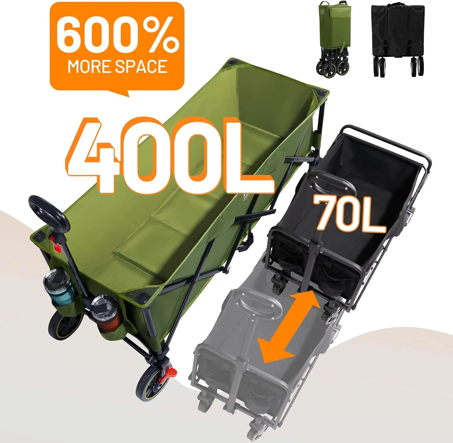 TIMBER RIDGE 51.2'' Extended Collapsible Wagon Cart with Brakes and Cargo Net, 350LBS Heavy Duty Foldable Utility Wagon with Adjustable Handle, 400L Capacity Portable Cart for Camping Sports Shopping