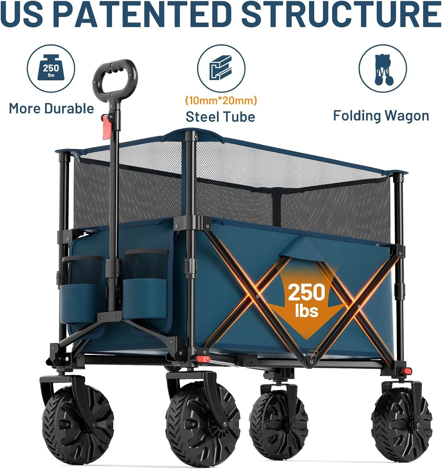 TIMBER RIDGE Foldable Wagon 350L Extendable Height, 300LBS Capasity Collapsible Wagon Cart with All Terrians Detachable Wheels, Compact Folding Utility for Camping, Fishing, Shopping (Blue)