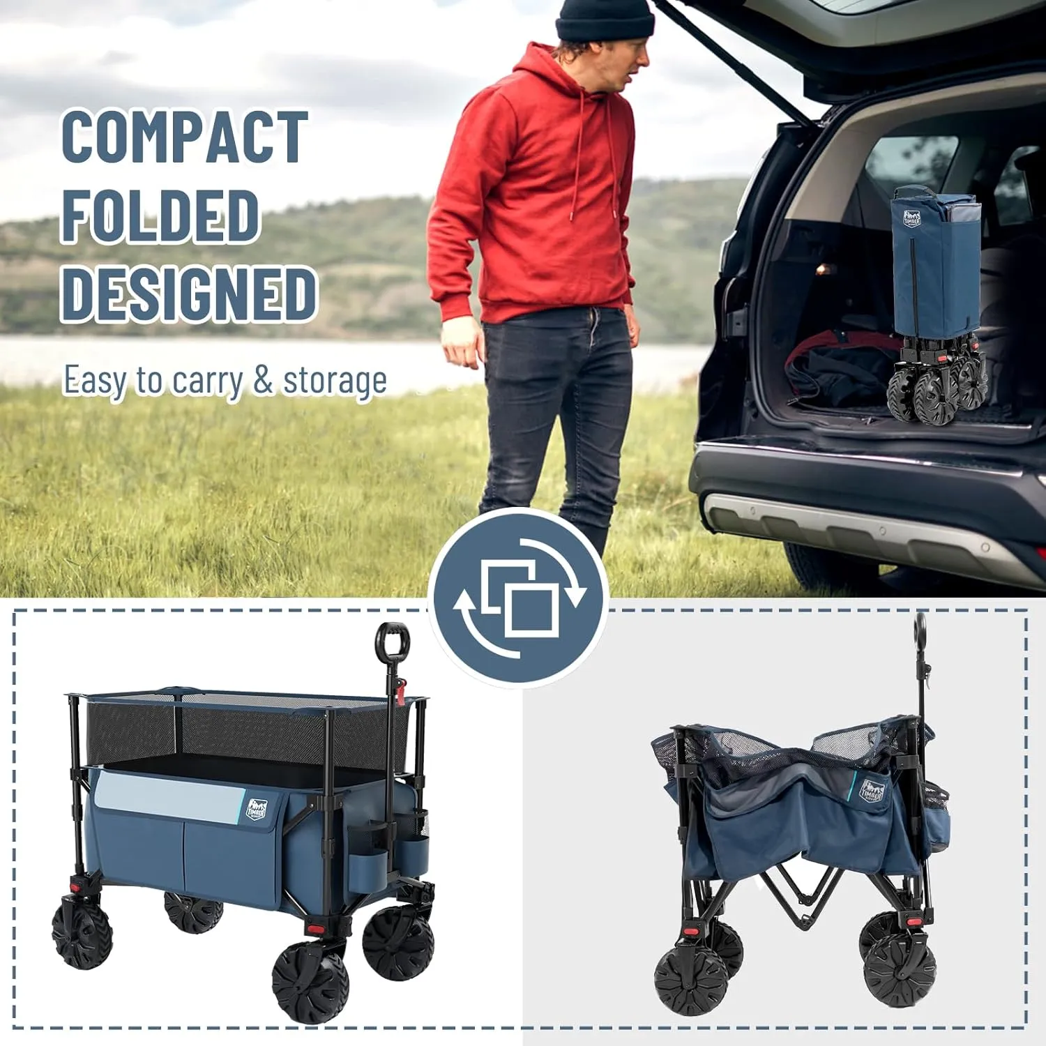 TIMBER RIDGE Foldable Wagon 350L Extendable Height, 300LBS Capasity Collapsible Wagon Cart with All Terrians Detachable Wheels, Compact Folding Utility for Camping, Fishing, Shopping (Blue)