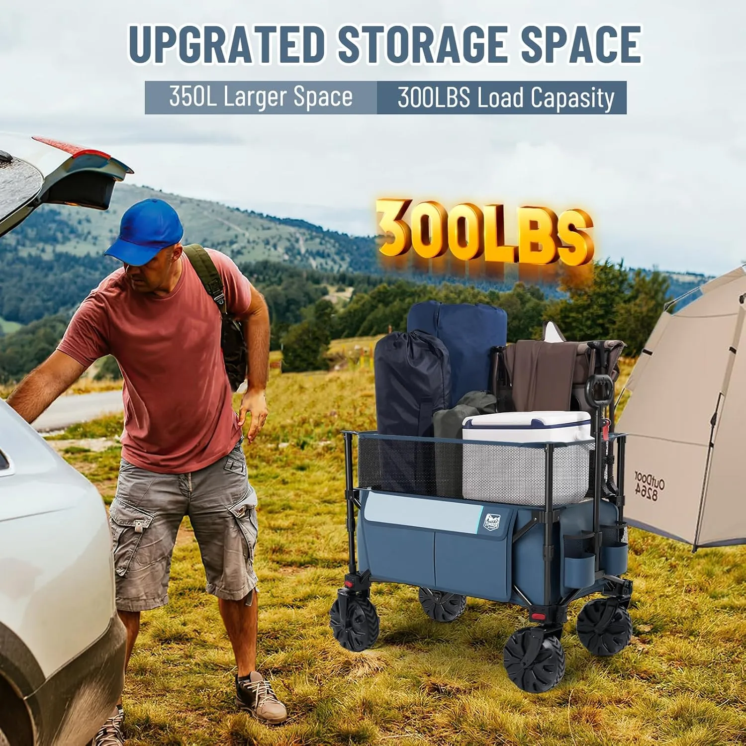 TIMBER RIDGE Foldable Wagon 350L Extendable Height, 300LBS Capasity Collapsible Wagon Cart with All Terrians Detachable Wheels, Compact Folding Utility for Camping, Fishing, Shopping (Blue)