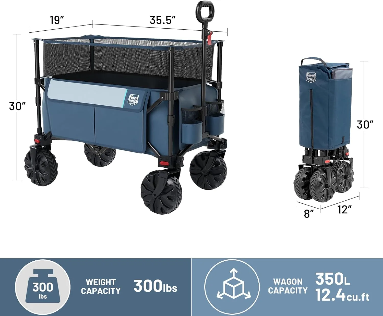 TIMBER RIDGE Foldable Wagon 350L Extendable Height, 300LBS Capasity Collapsible Wagon Cart with All Terrians Detachable Wheels, Compact Folding Utility for Camping, Fishing, Shopping (Blue)
