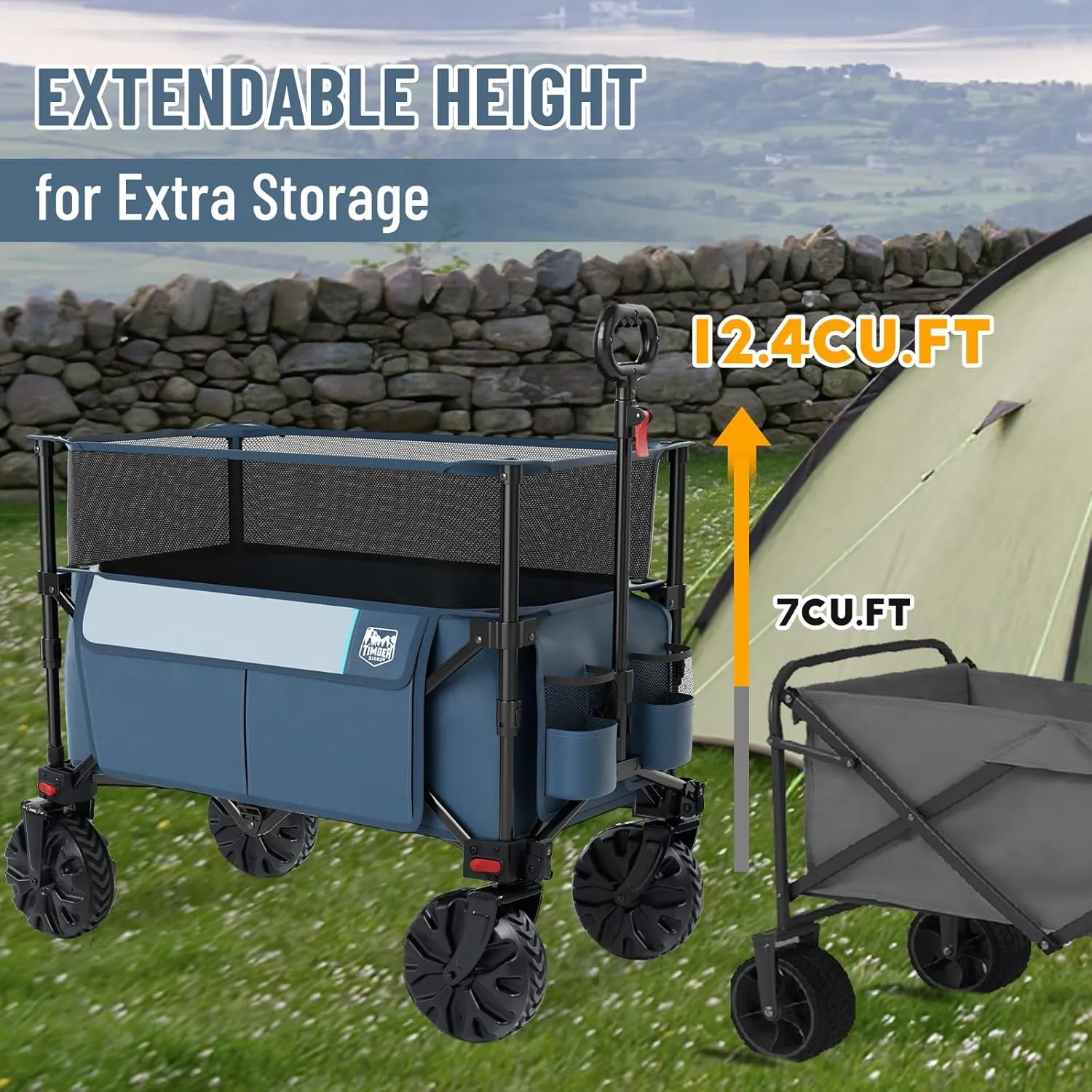 TIMBER RIDGE Foldable Wagon 350L Extendable Height, 300LBS Capasity Collapsible Wagon Cart with All Terrians Detachable Wheels, Compact Folding Utility for Camping, Fishing, Shopping (Blue)