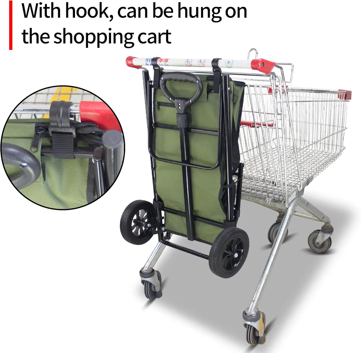 TMZ Heavy-Duty Foldable Shopping Cart with Removable Insulated Bag & Hooks - Lightweight 110 lbs Capacity Grocery Luggage Cart for Market, Travel, Laundry (Green)