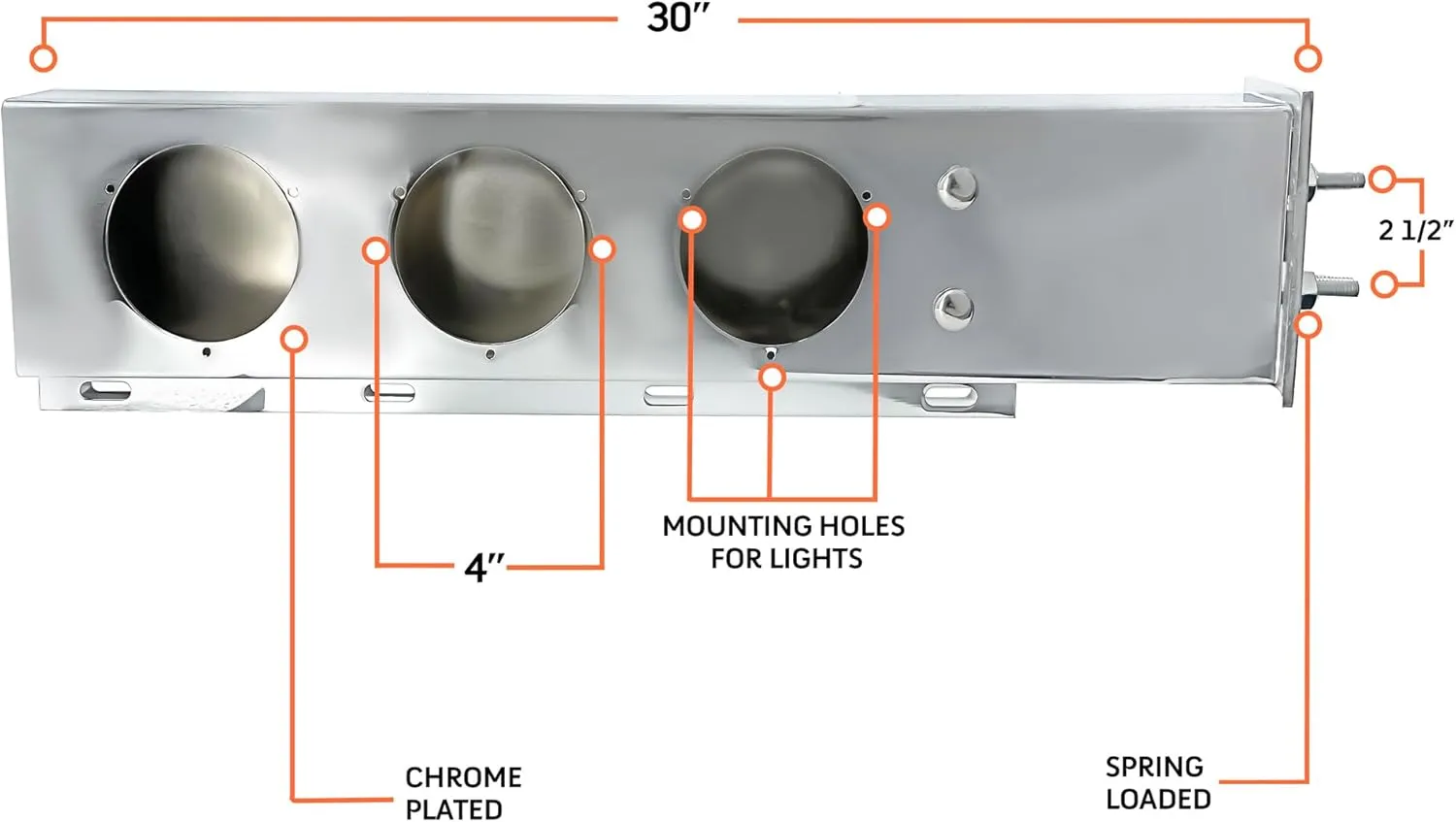 TORQUE Mud Flap Hanger for Semi Trucks 2-1/2" Bolt Spacing 30" Chrome 6 of LED Lights Included, Spring Loaded, Straight, Right Left Included, Light Bar Tail Light Box (TRMFH308, TR56114)