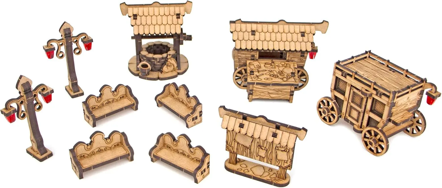 TowerRex Medieval Street D&D Terrain, Furniture Scatter Terrain for 25mm 32mm 28mm Miniatures, Wargaming Tabletop Battle Mat, DND Accessories for Dungeons & Dragons, Pathfinder, Warhammer