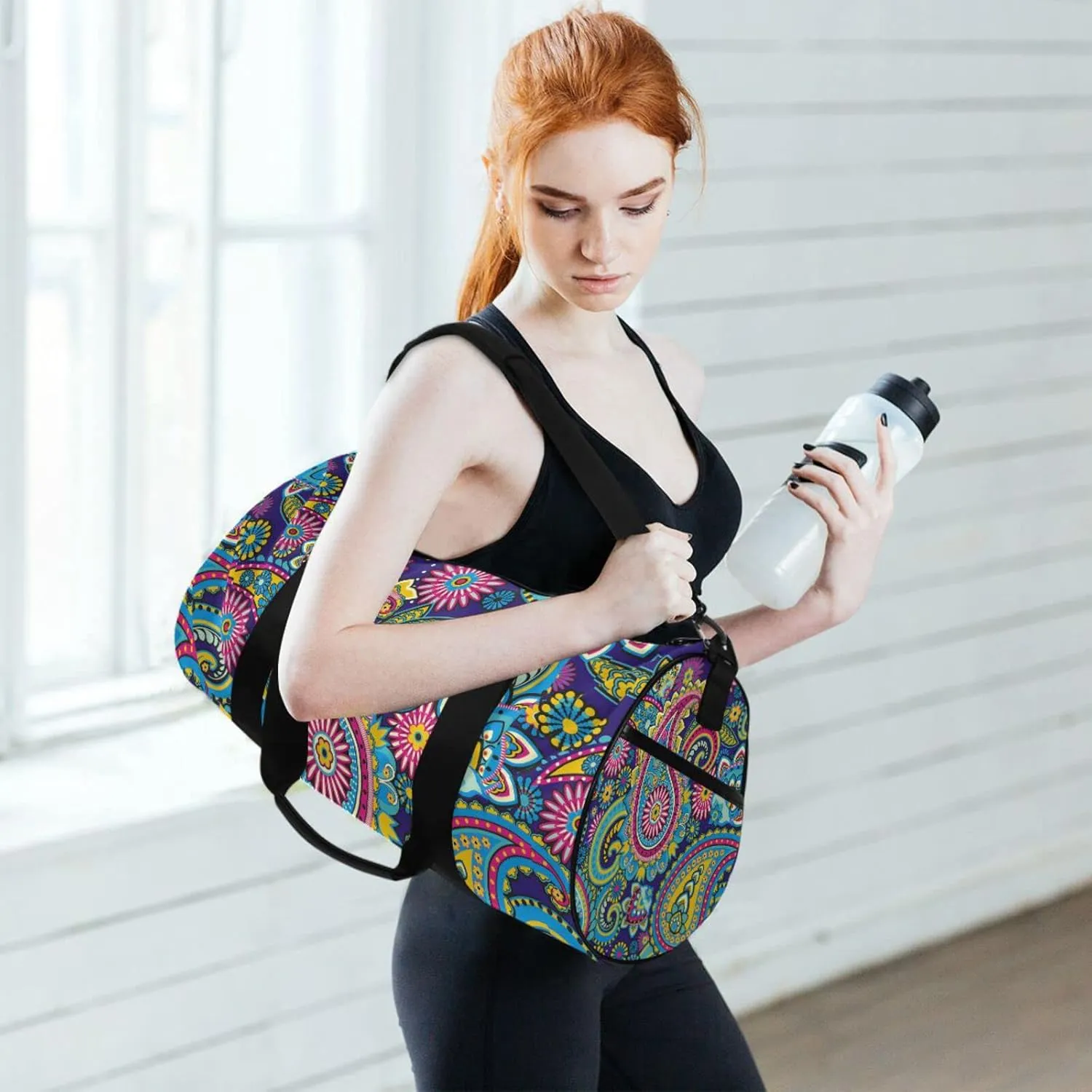 Traditional Ancient Asian Elements Paisley Floral Flowers Duffel Bag, Foldable Canvas Travel Tote for Gym Sports with Inner Pockets, Durable Lightweight Fitness Bag for Overnight Workout