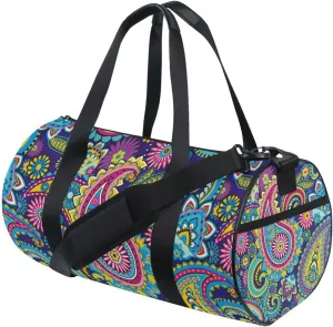 Traditional Ancient Asian Elements Paisley Floral Flowers Duffel Bag, Foldable Canvas Travel Tote for Gym Sports with Inner Pockets, Durable Lightweight Fitness Bag for Overnight Workout
