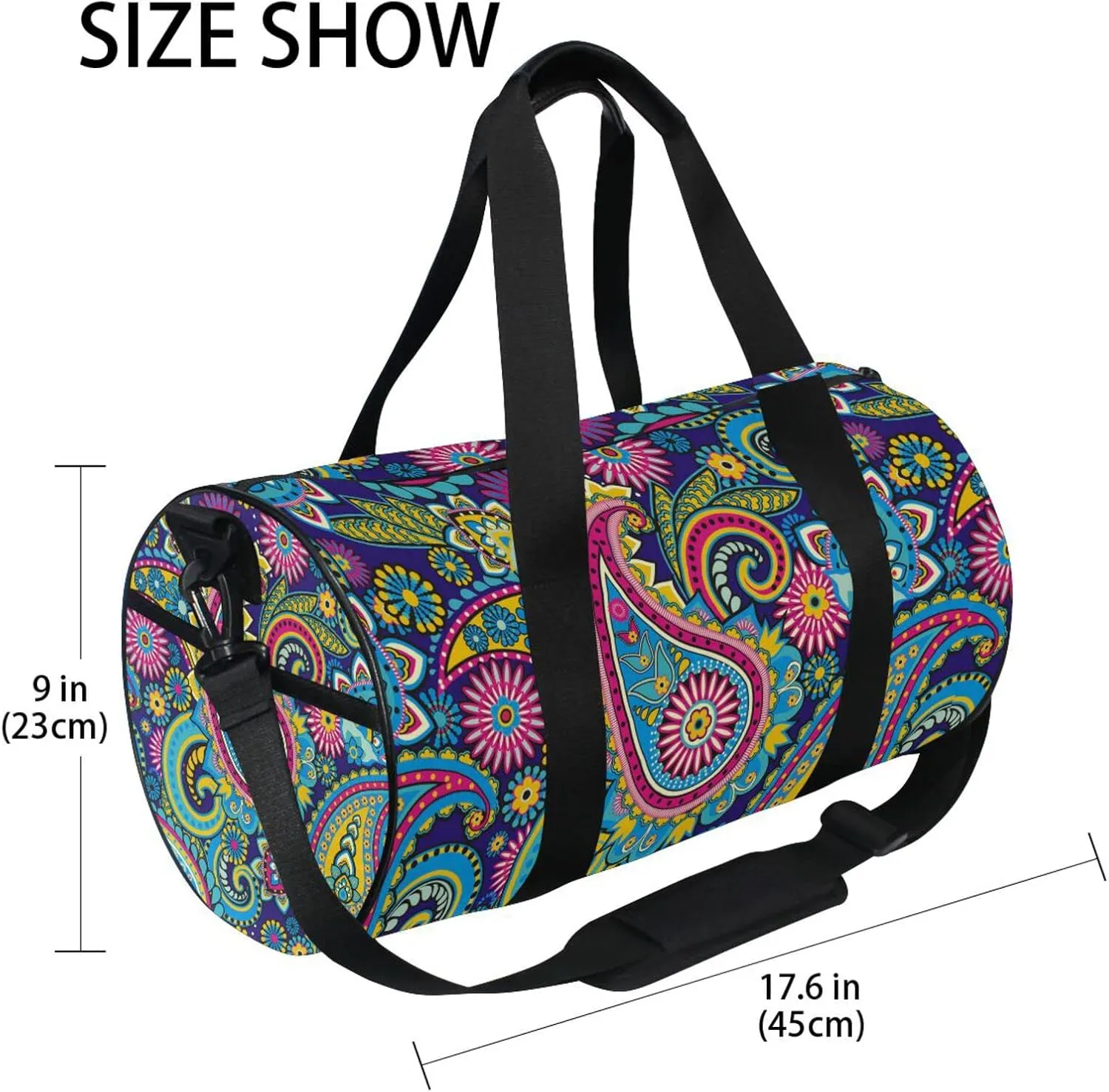 Traditional Ancient Asian Elements Paisley Floral Flowers Duffel Bag, Foldable Canvas Travel Tote for Gym Sports with Inner Pockets, Durable Lightweight Fitness Bag for Overnight Workout