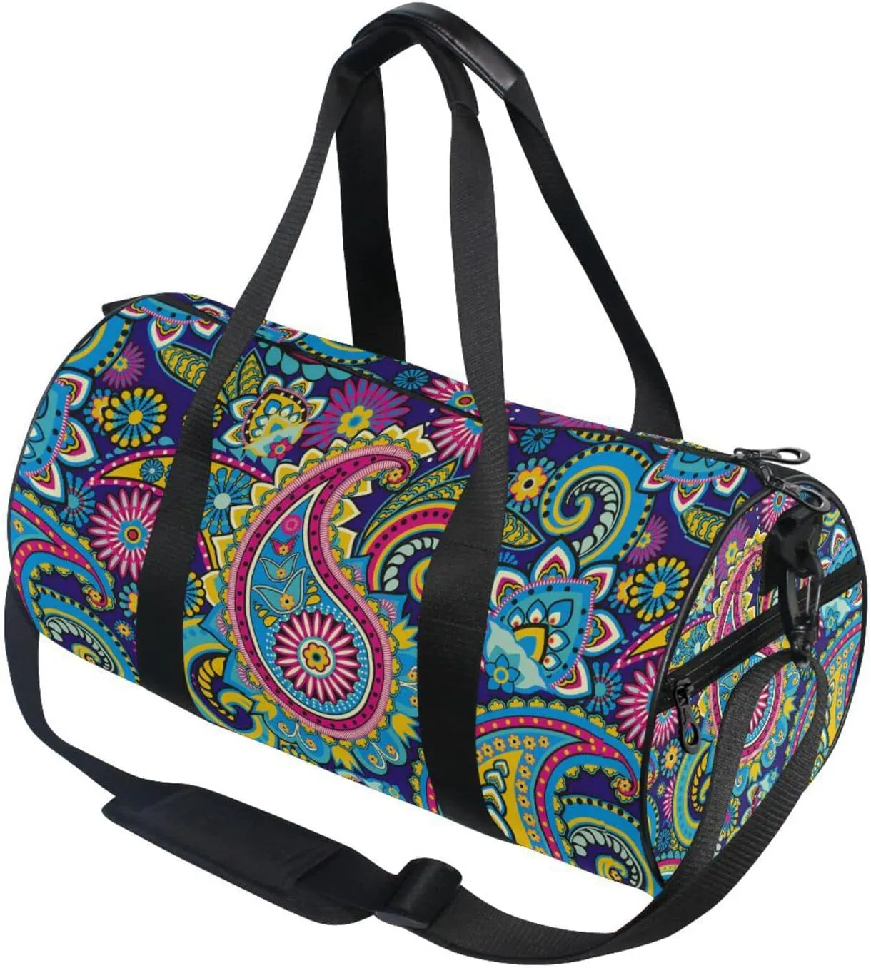 Traditional Ancient Asian Elements Paisley Floral Flowers Duffel Bag, Foldable Canvas Travel Tote for Gym Sports with Inner Pockets, Durable Lightweight Fitness Bag for Overnight Workout