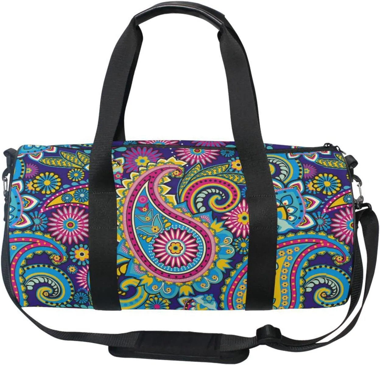Traditional Ancient Asian Elements Paisley Floral Flowers Duffel Bag, Foldable Canvas Travel Tote for Gym Sports with Inner Pockets, Durable Lightweight Fitness Bag for Overnight Workout