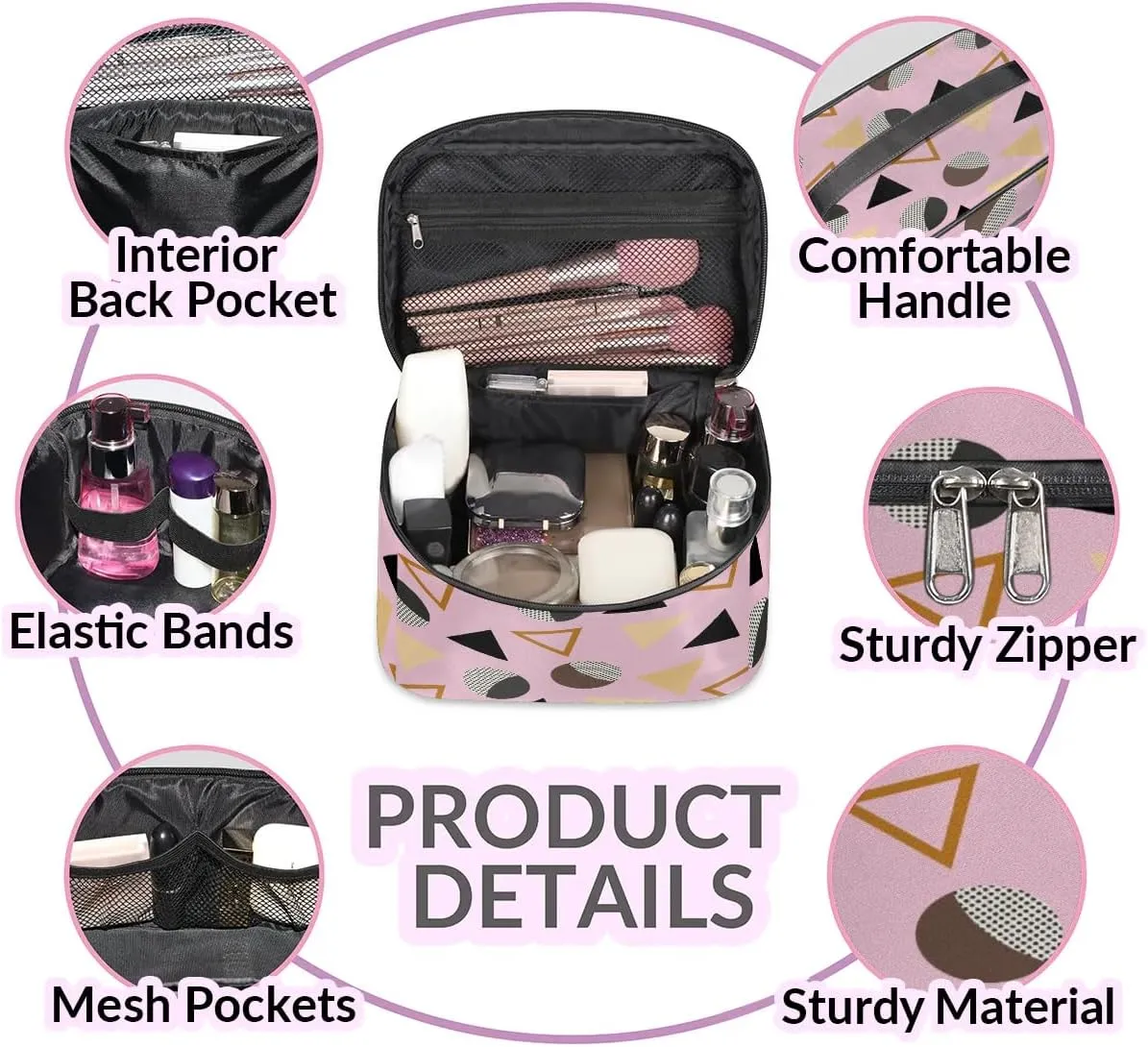 Travel Makeup Bag, Geometric Cosmetic Bag for Women Girls, Portable Large Toiletry Bag Organizer for Toiletries Accessories Brushes