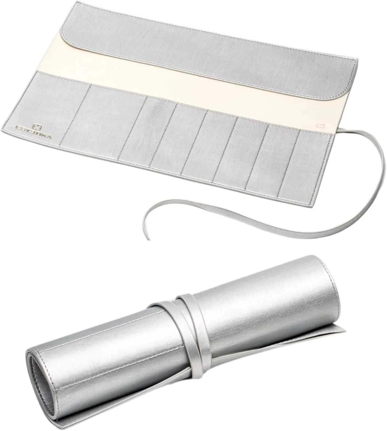 Travel Makeup Brush Roll Holder Organizer for Women Luxury Brush Pouch Portable Chic Case for Makeup Brushes – Holds 10 Brushes, Stylish Cosmetic Beauty Essentials Storage Pouch (Silver)