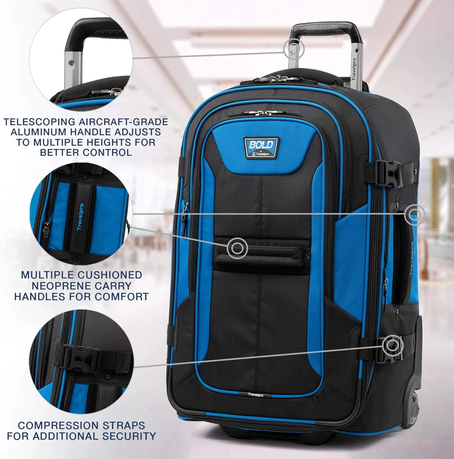 Travelpro Unisex-Adult Bold-Softside Expandable Rollaboard Upright Luggage, Blue/Black, Checked-Medium 25-Inch