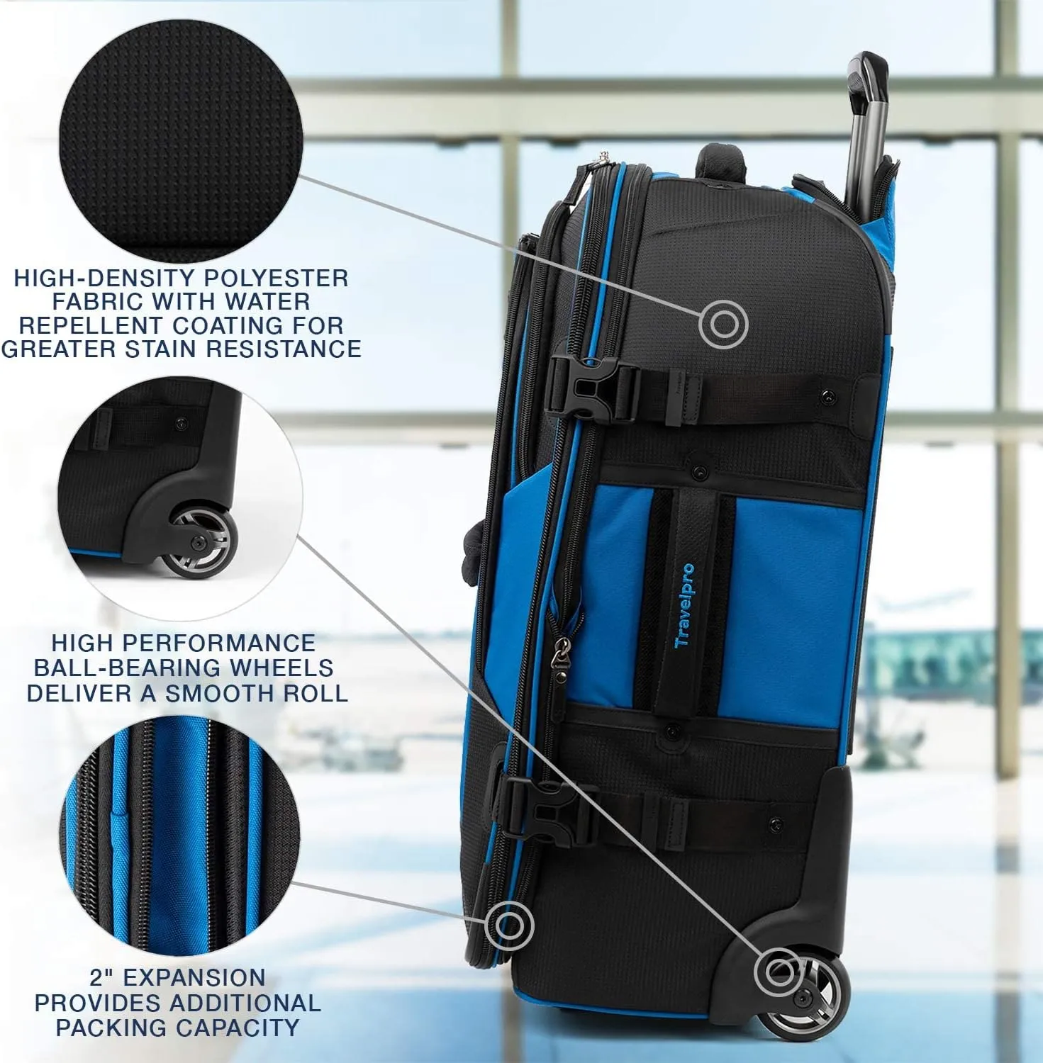 Travelpro Unisex-Adult Bold-Softside Expandable Rollaboard Upright Luggage, Blue/Black, Checked-Medium 25-Inch