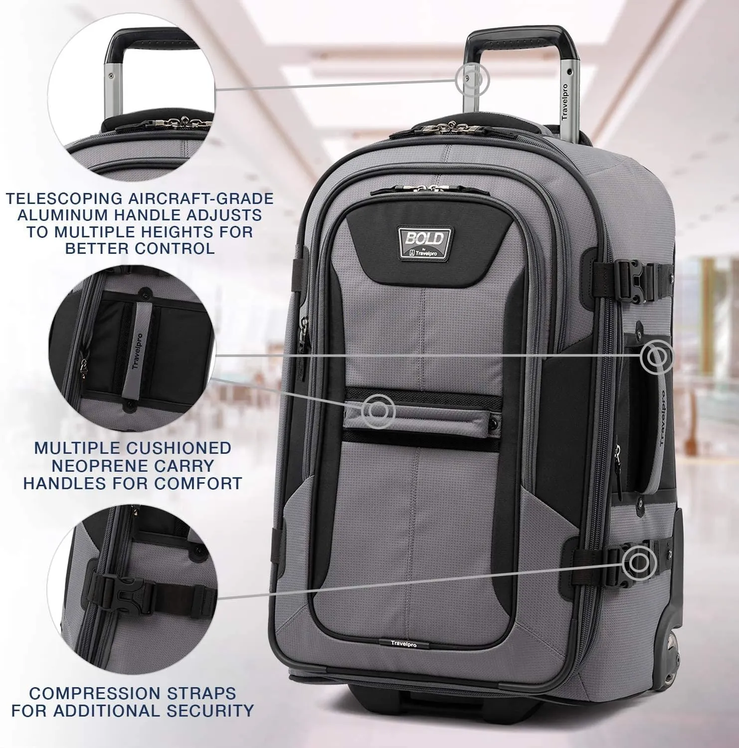 Travelpro Unisex-Adult Bold-Softside Expandable Rollaboard Upright Luggage, Grey/Black, Checked-Medium 25-Inch