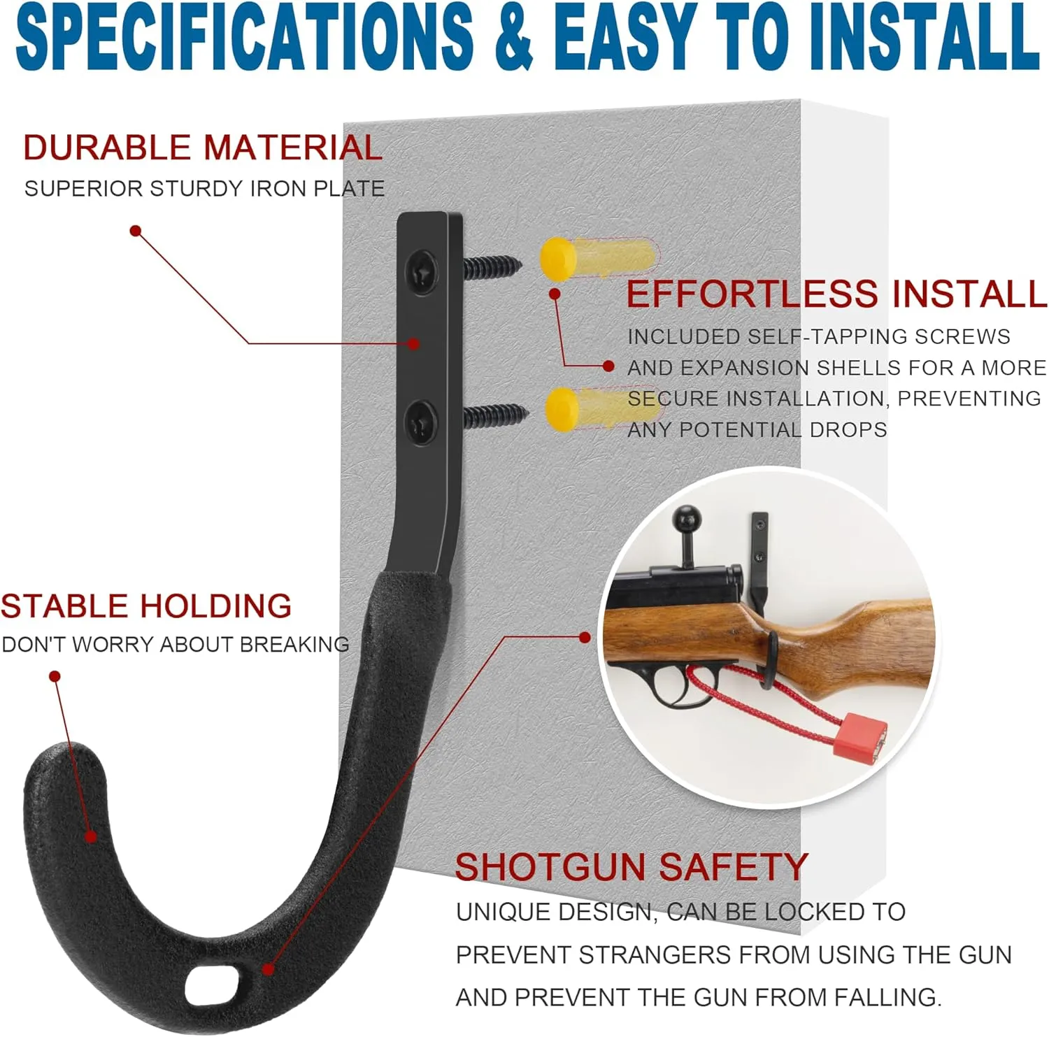TRIPLE DEER Gun Rack Storage Wall Mount Shotgun Rifle Hook Horizontal Gun Hanger for Any Rifles Shotguns Archery Bow and Sword with Soft Padding, Wall Mount Storage & Display Heavy Duty Steel