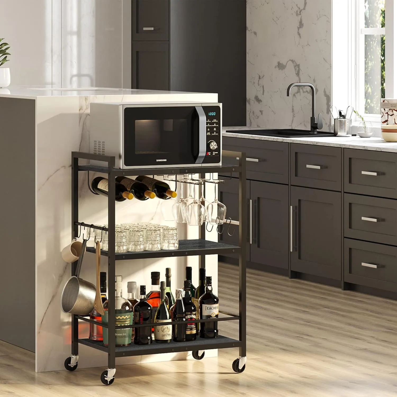 TUTOTAK Bar Cart - Serving Cart for Home - Microwave Cart, Drink Cart, Mobile Kitchen Shelf with Wine Rack and Glass Holder, Rolling Beverage Cart BC01BK030