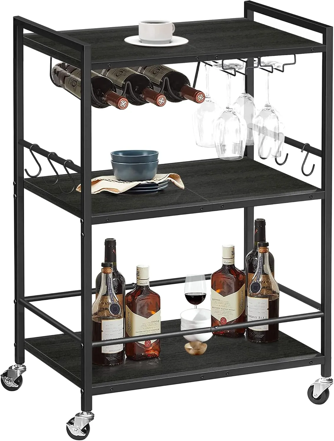TUTOTAK Bar Cart - Serving Cart for Home - Microwave Cart, Drink Cart, Mobile Kitchen Shelf with Wine Rack and Glass Holder, Rolling Beverage Cart BC01BK030