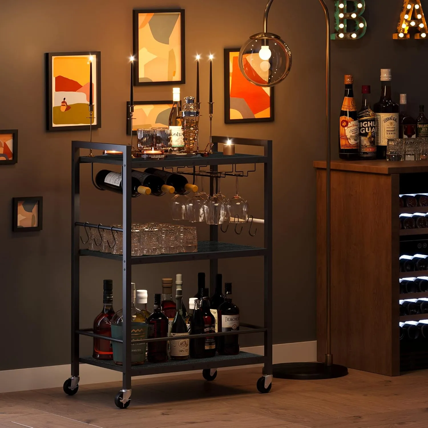 TUTOTAK Bar Cart - Serving Cart for Home - Microwave Cart, Drink Cart, Mobile Kitchen Shelf with Wine Rack and Glass Holder, Rolling Beverage Cart BC01BK030