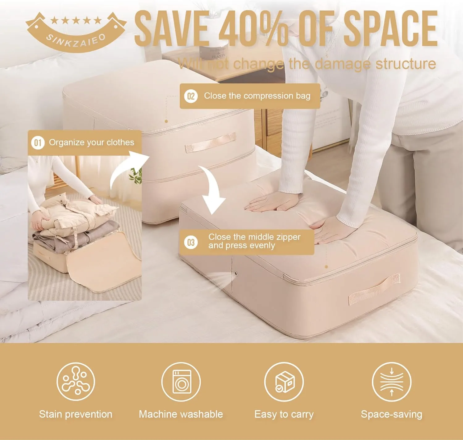 Ultra Space Saving Self Compression Organizer,Packing Cubes,Waterproof And Moisture-Proof,Space Saving Storage Tote,For Blankets Clothes Duvet Comforter（Oatmeal 21.2 * 16.2 * 23.6 In-2pcs）