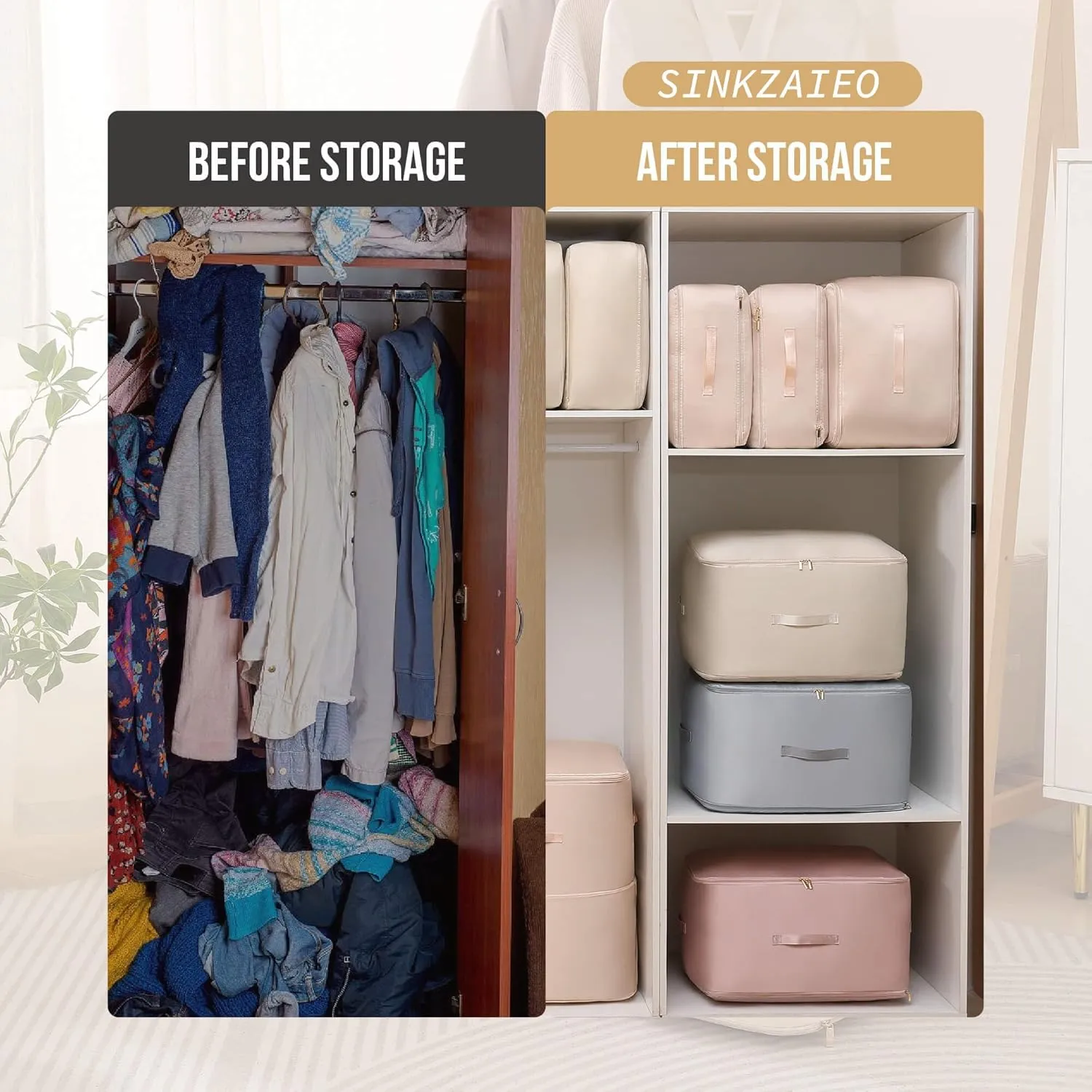 Ultra Space Saving Self Compression Organizer,Packing Cubes,Waterproof And Moisture-Proof,Space Saving Storage Tote,For Blankets Clothes Duvet Comforter（Oatmeal 21.2 * 16.2 * 23.6 In-2pcs）