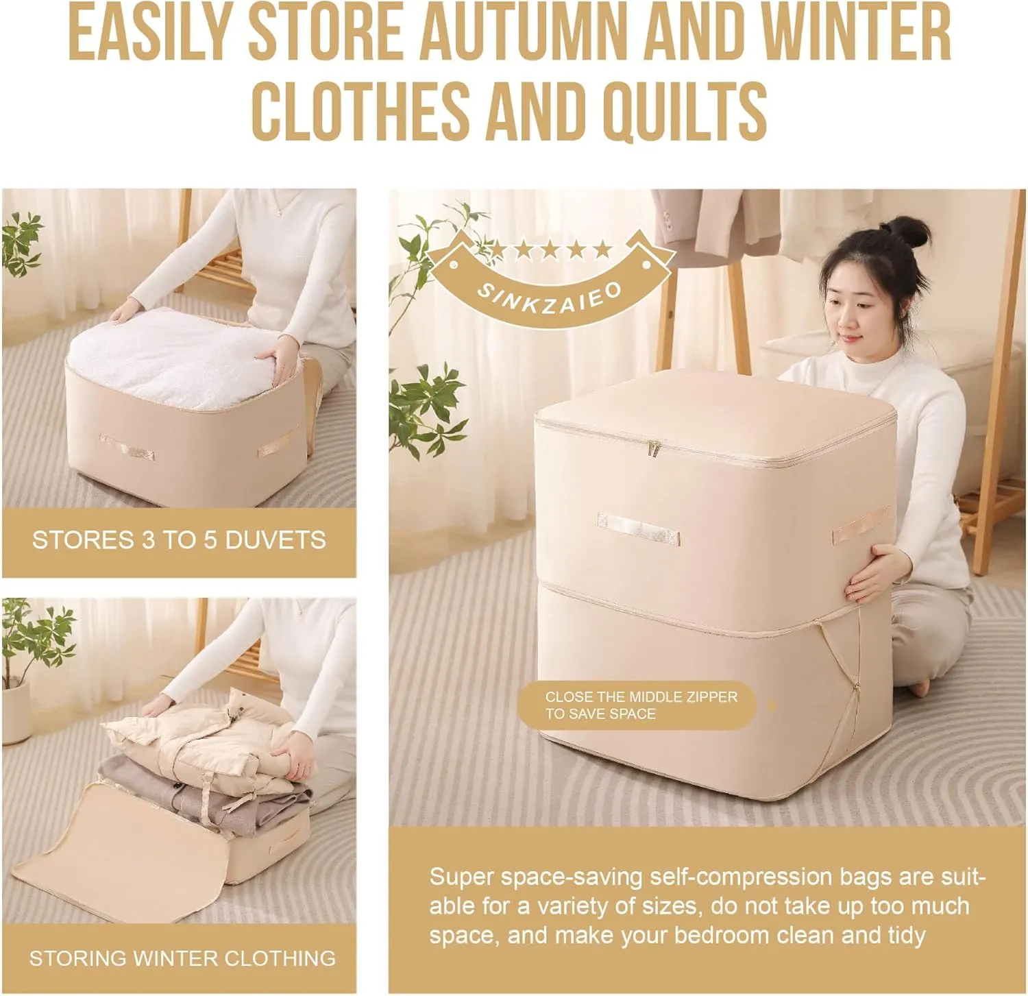 Ultra Space Saving Self Compression Organizer,Packing Cubes,Waterproof And Moisture-Proof,Space Saving Storage Tote,For Blankets Clothes Duvet Comforter（Oatmeal 21.2 * 16.2 * 23.6 In-2pcs）