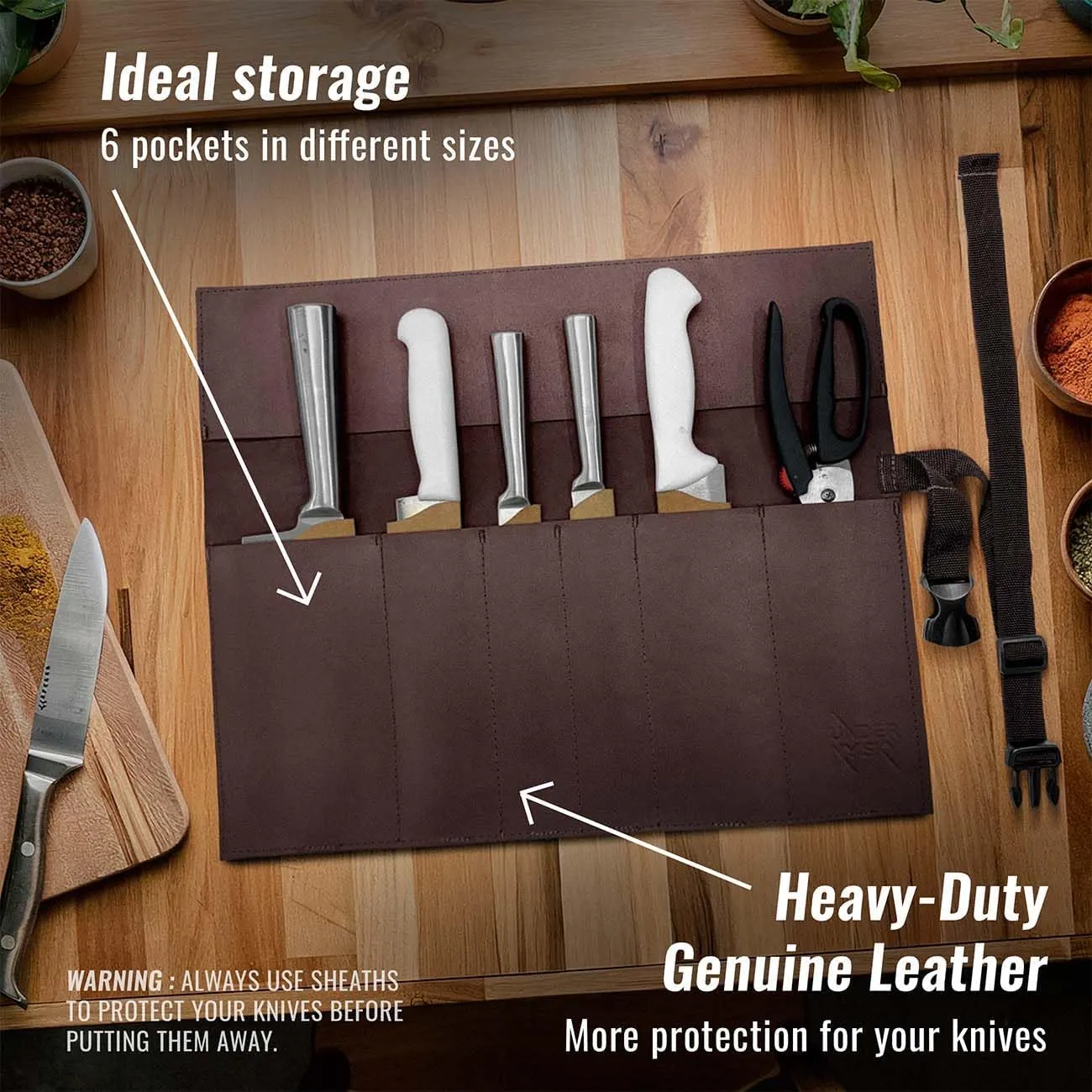 Under NY Sky Genuine Leather Knife Roll Case - 6 Slots - Real Leather Pouch - Portable Bag for Cooking Tools, Utensils, Cutlery Knives, Brushes - Chefs, Kitchen, Travel, Gift - Brown