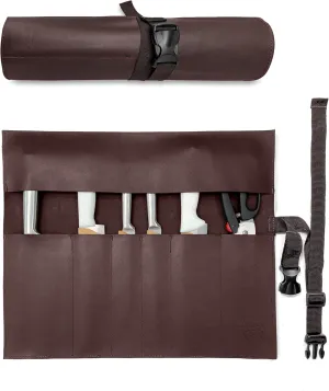 Under NY Sky Genuine Leather Knife Roll Case - 6 Slots - Real Leather Pouch - Portable Bag for Cooking Tools, Utensils, Cutlery Knives, Brushes - Chefs, Kitchen, Travel, Gift - Brown