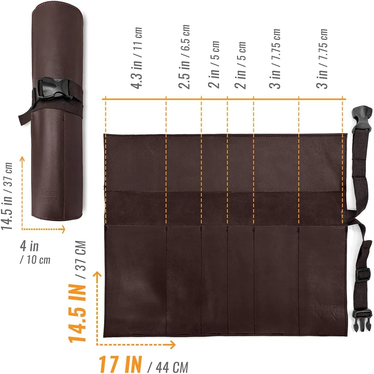Under NY Sky Genuine Leather Knife Roll Case - 6 Slots - Real Leather Pouch - Portable Bag for Cooking Tools, Utensils, Cutlery Knives, Brushes - Chefs, Kitchen, Travel, Gift - Brown