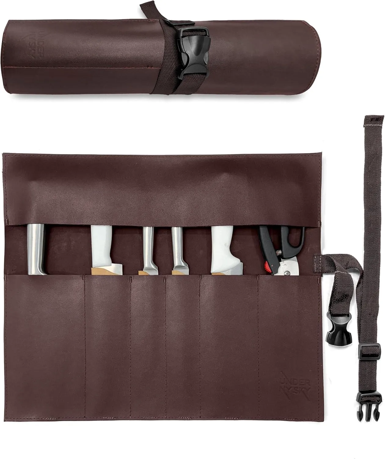 Under NY Sky Genuine Leather Knife Roll Case - 6 Slots - Real Leather Pouch - Portable Bag for Cooking Tools, Utensils, Cutlery Knives, Brushes - Chefs, Kitchen, Travel, Gift - Brown