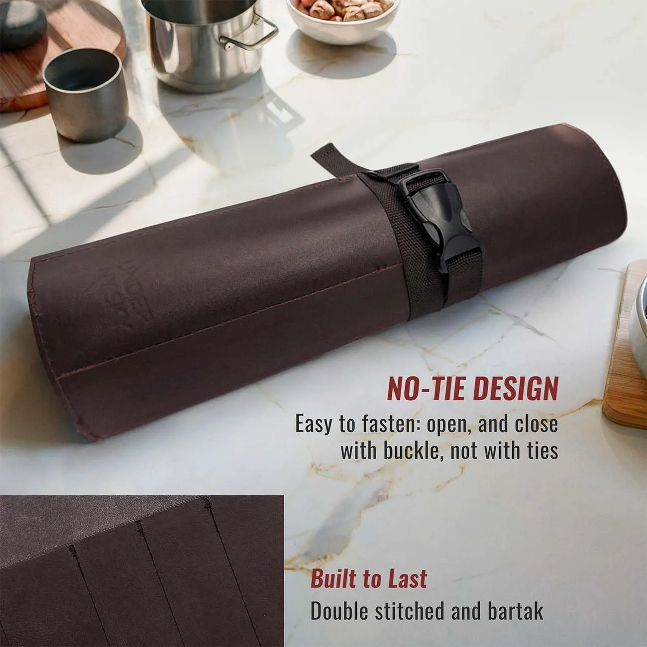 Under NY Sky Genuine Leather Knife Roll Case - 6 Slots - Real Leather Pouch - Portable Bag for Cooking Tools, Utensils, Cutlery Knives, Brushes - Chefs, Kitchen, Travel, Gift - Brown