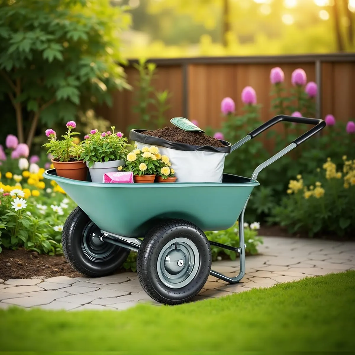 Upgrade 2 Wheel Wheelbarrow, Yard Cart with Padded Handlebar, 14 Inch Pneumatic Tires for High Stability, Ideal for Moving Soil, Plant Shrub, Gardening Tool, Easy Assembly
