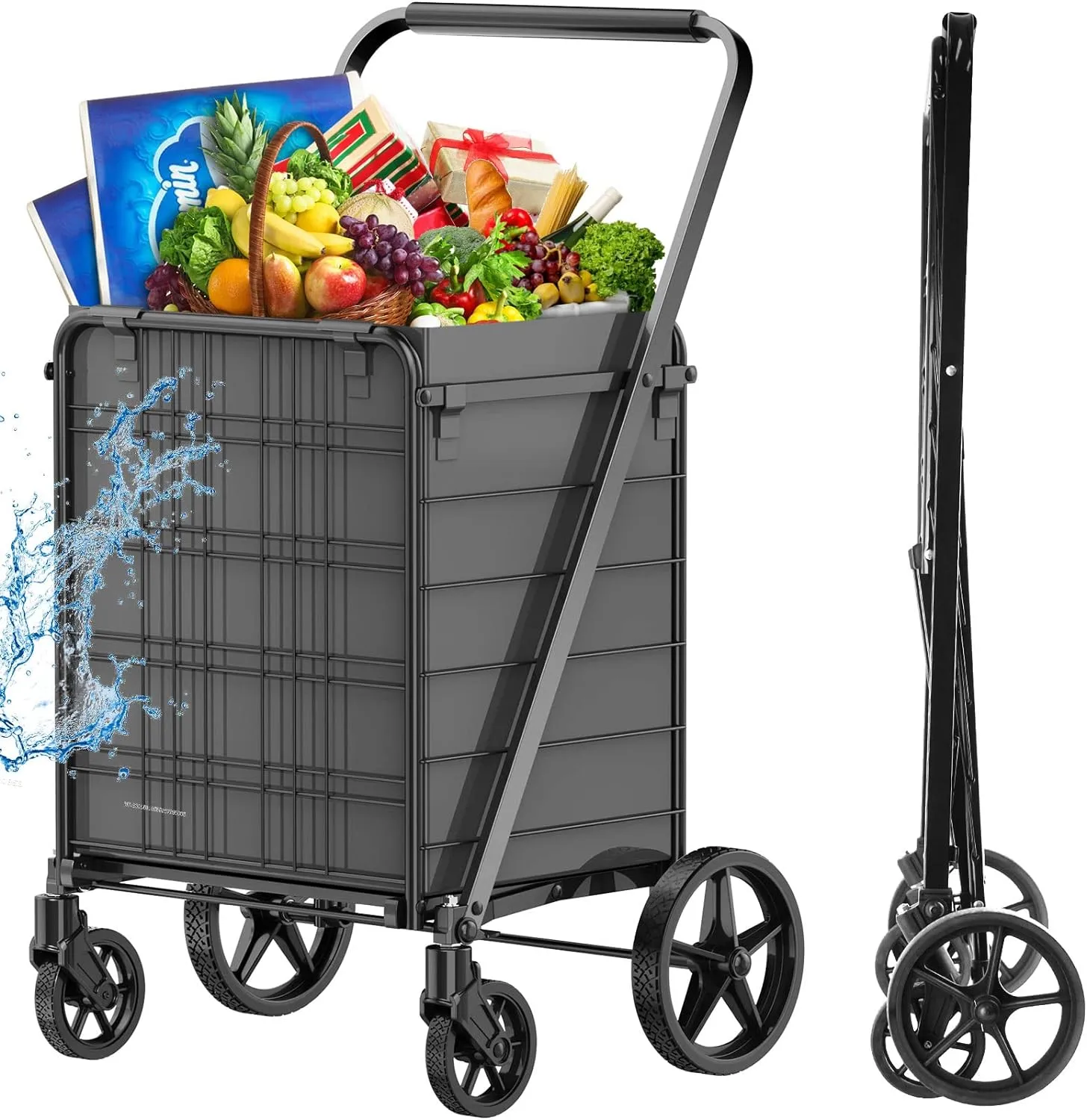 [Upgrade] Shopping Cart for Groceries, 280 LBS Large Grocery Cart with Waterproof Liner, 360° Rolling Swivel Wheels, Heavy Duty Utility Cart Folding Shopping Carts for Laundry Luggage Gift