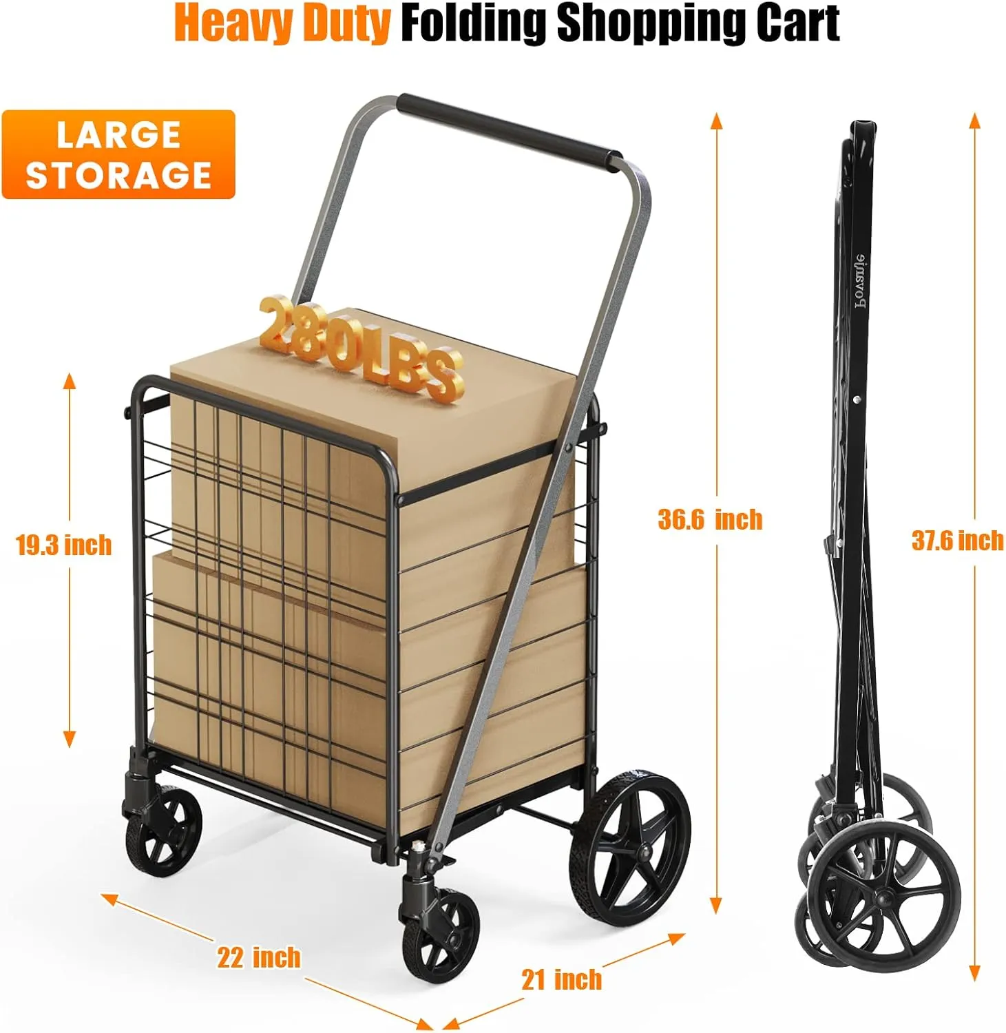 [Upgrade] Shopping Cart for Groceries, 280 LBS Large Grocery Cart with Waterproof Liner, 360° Rolling Swivel Wheels, Heavy Duty Utility Cart Folding Shopping Carts for Laundry Luggage Gift