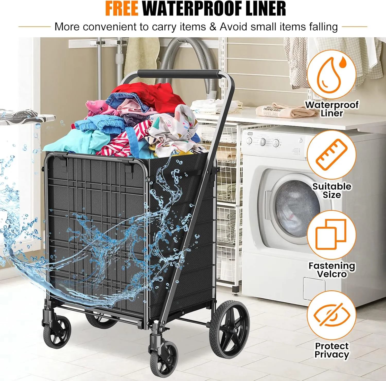 [Upgrade] Shopping Cart for Groceries, 280 LBS Large Grocery Cart with Waterproof Liner, 360° Rolling Swivel Wheels, Heavy Duty Utility Cart Folding Shopping Carts for Laundry Luggage Gift