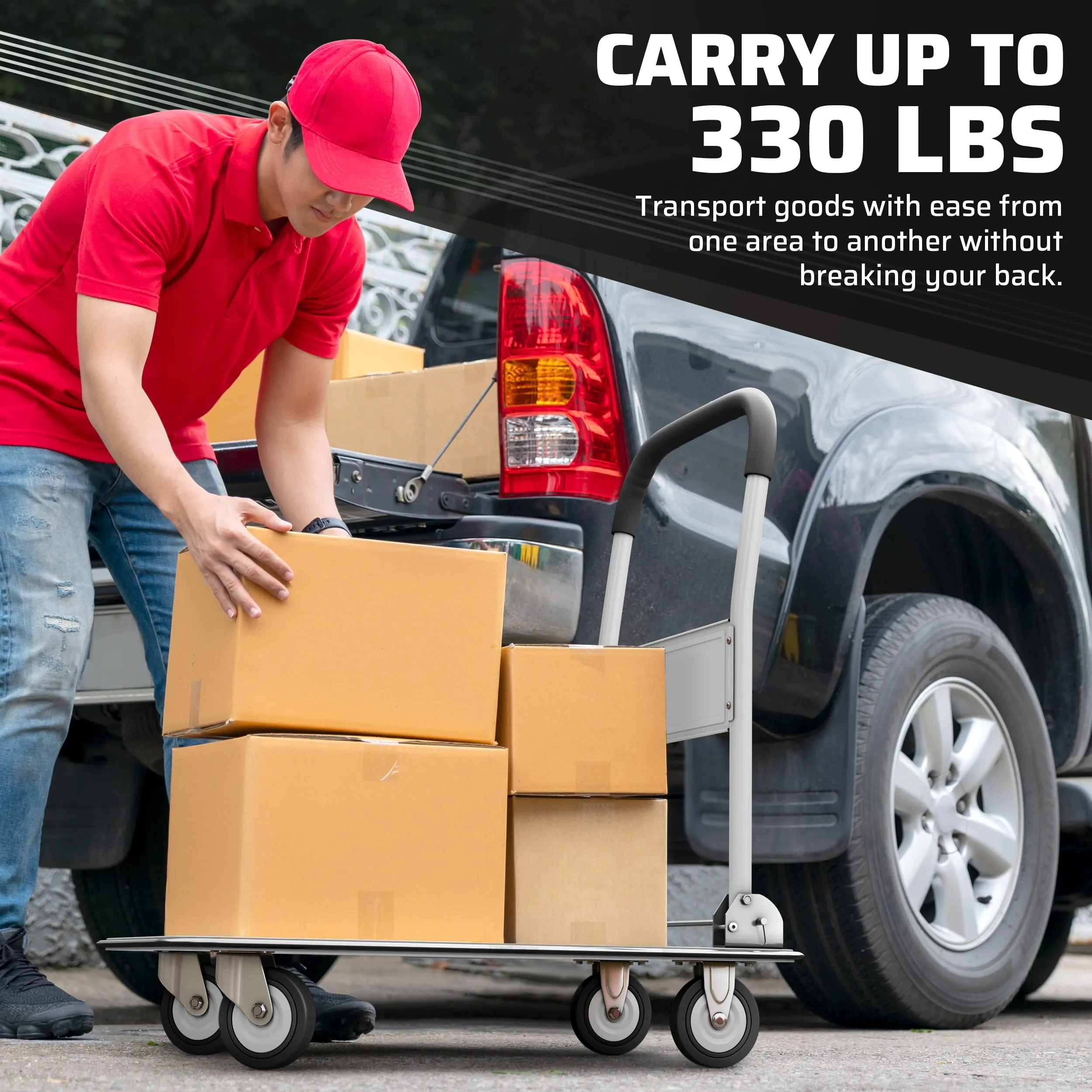 Upgraded Foldable Push Cart Dolly | 330 lbs. Capacity Moving Platform Hand Truck | Heavy Duty Space Saving Collapsible | Swivel Push Handle Flat Bed Wagon - White