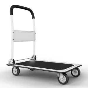 Upgraded Foldable Push Cart Dolly | 330 lbs. Capacity Moving Platform Hand Truck | Heavy Duty Space Saving Collapsible | Swivel Push Handle Flat Bed Wagon - White