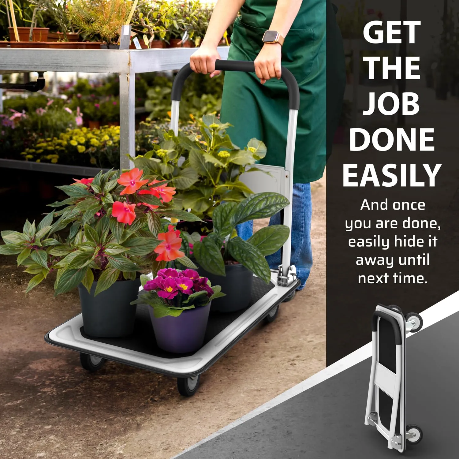 Upgraded Foldable Push Cart Dolly | 330 lbs. Capacity Moving Platform Hand Truck | Heavy Duty Space Saving Collapsible | Swivel Push Handle Flat Bed Wagon - White