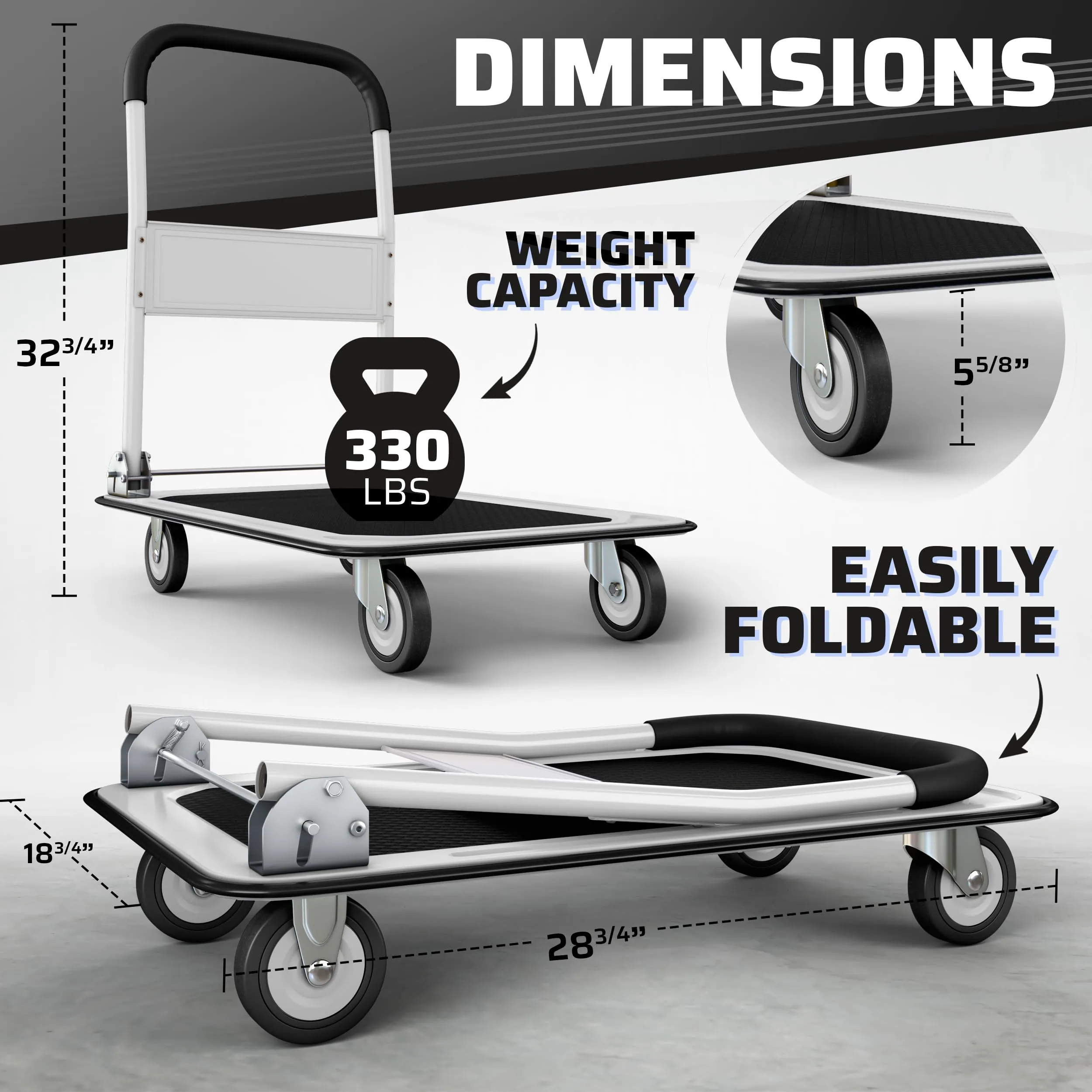 Upgraded Foldable Push Cart Dolly | 330 lbs. Capacity Moving Platform Hand Truck | Heavy Duty Space Saving Collapsible | Swivel Push Handle Flat Bed Wagon - White