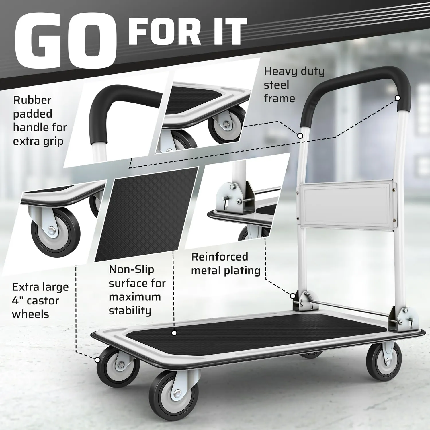 Upgraded Foldable Push Cart Dolly | 330 lbs. Capacity Moving Platform Hand Truck | Heavy Duty Space Saving Collapsible | Swivel Push Handle Flat Bed Wagon - White