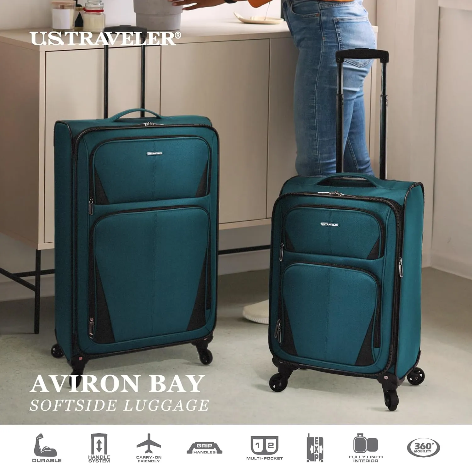 U.S. Traveler Aviron Bay Expandable Softside Luggage with Spinner Wheels, Black, Carry-on 22-Inch