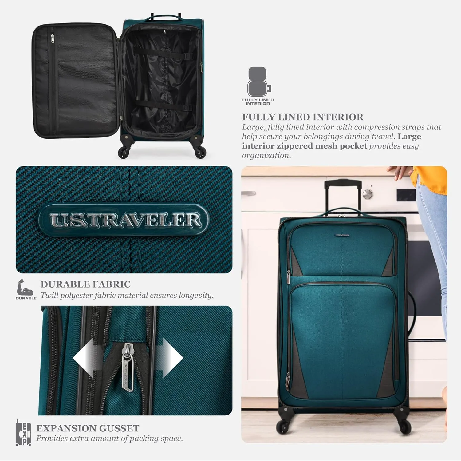U.S. Traveler Aviron Bay Expandable Softside Luggage with Spinner Wheels, Black, Carry-on 22-Inch