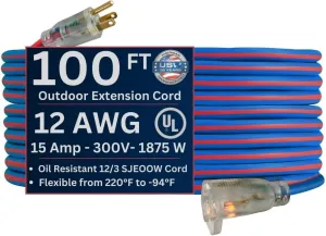 US Wire 99100 12/3 100-Foot SJEOW TPE Extreme Weather Extension Cord Blue with Lighted Plug