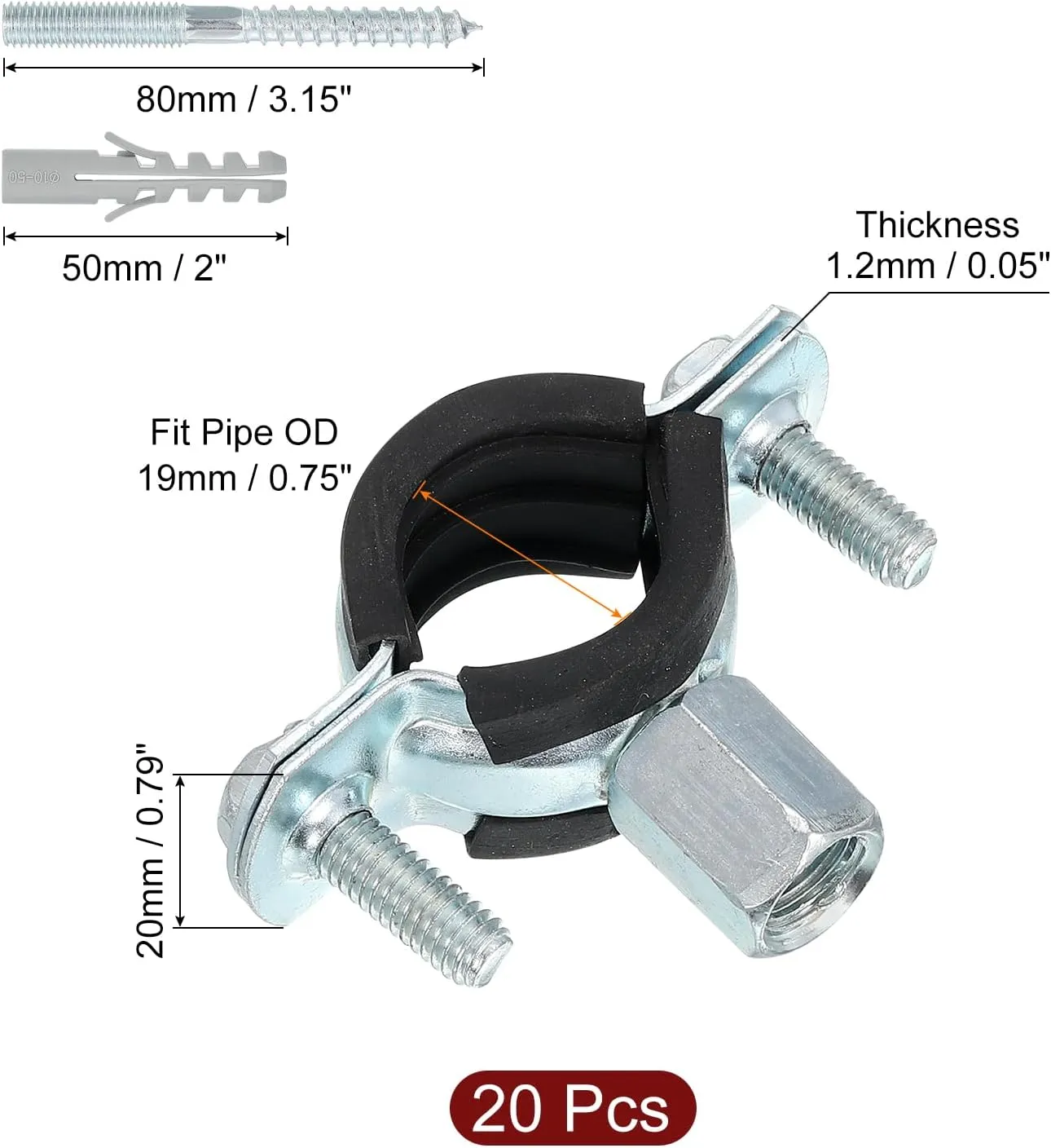 uxcell 20 Pcs Adjustable Pipe Bracket Clamp, 3/4"(19mm) Wall Ceiling Mount Split Ring Pipe Hanger Galvanized Iron Pipe Strap Support with Screw & Expansion Tube for Pipe Tube