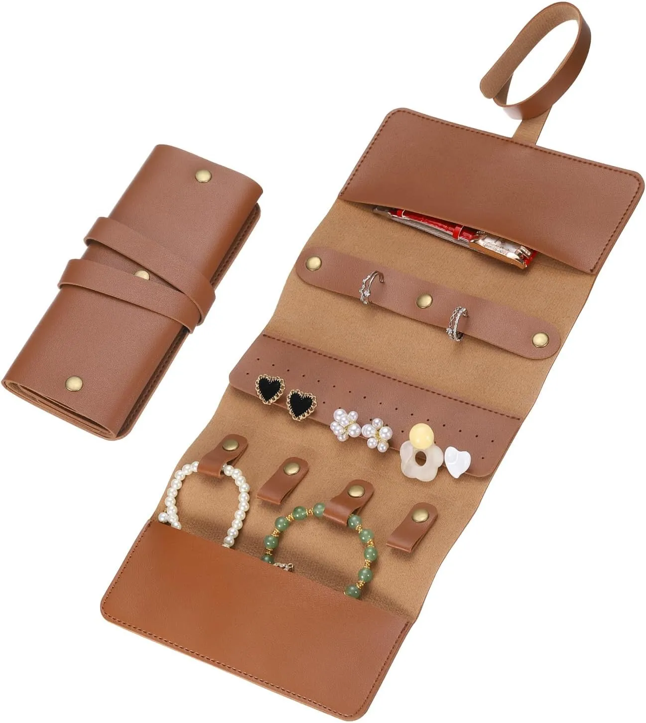 uxcell Travel Jewelry Roll Bag, Foldable Travel Jewelry Organizer Case, Portable Jewelry Pouch for Traveling Rings Necklaces Earrings Bracelets Jewelry Storage, Brown