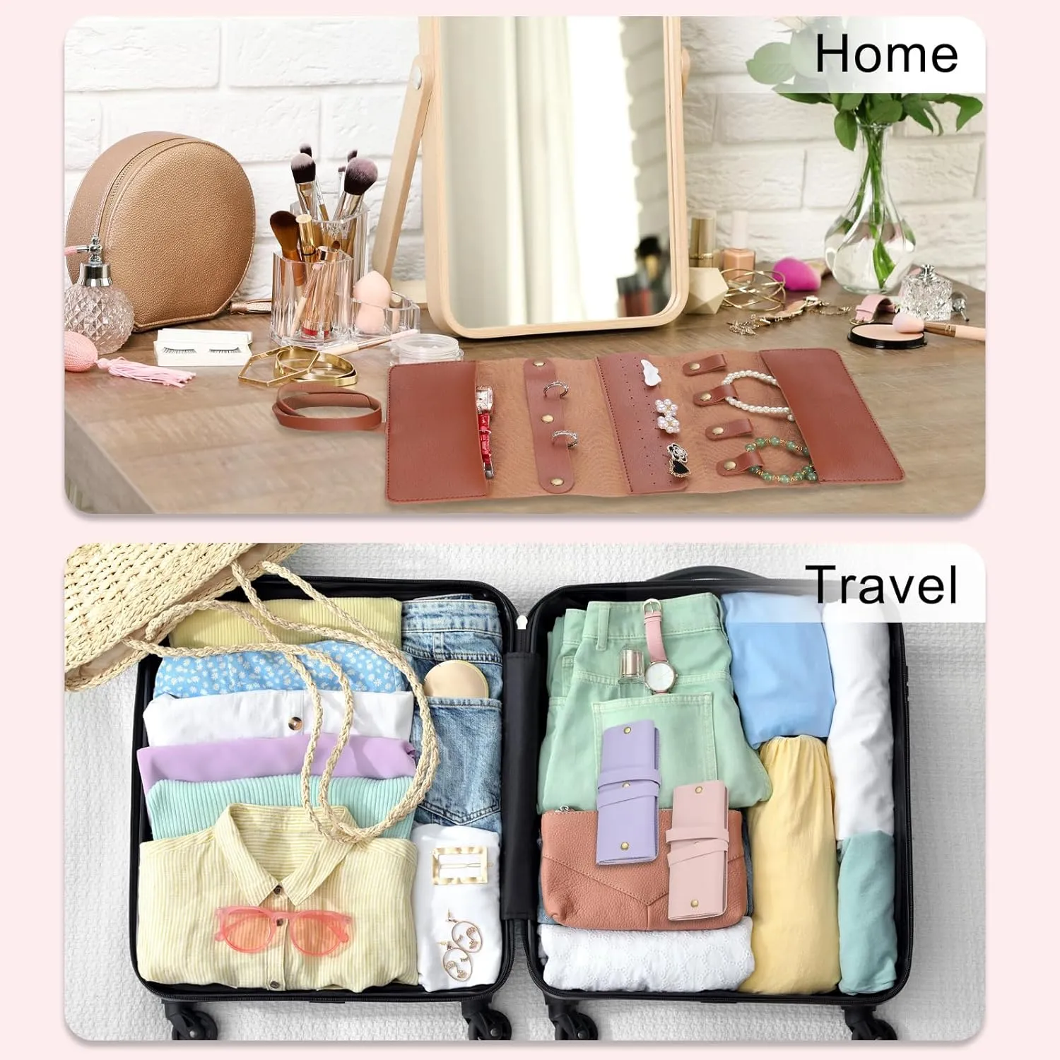 uxcell Travel Jewelry Roll Bag, Foldable Travel Jewelry Organizer Case, Portable Jewelry Pouch for Traveling Rings Necklaces Earrings Bracelets Jewelry Storage, Brown