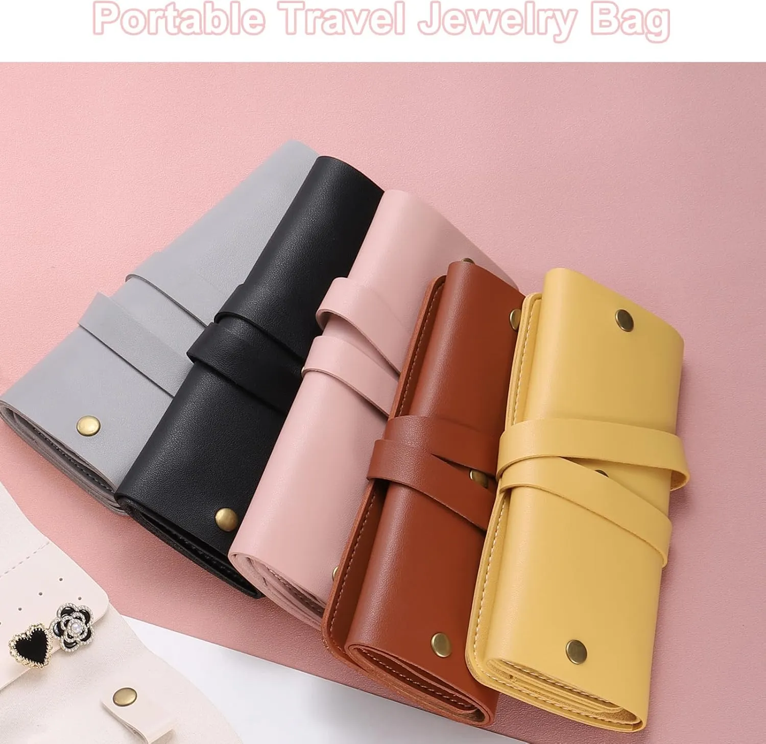 uxcell Travel Jewelry Roll Bag, Foldable Travel Jewelry Organizer Case, Portable Jewelry Pouch for Traveling Rings Necklaces Earrings Bracelets Jewelry Storage, Brown