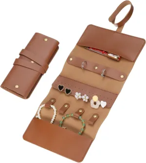 uxcell Travel Jewelry Roll Bag, Foldable Travel Jewelry Organizer Case, Portable Jewelry Pouch for Traveling Rings Necklaces Earrings Bracelets Jewelry Storage, Brown
